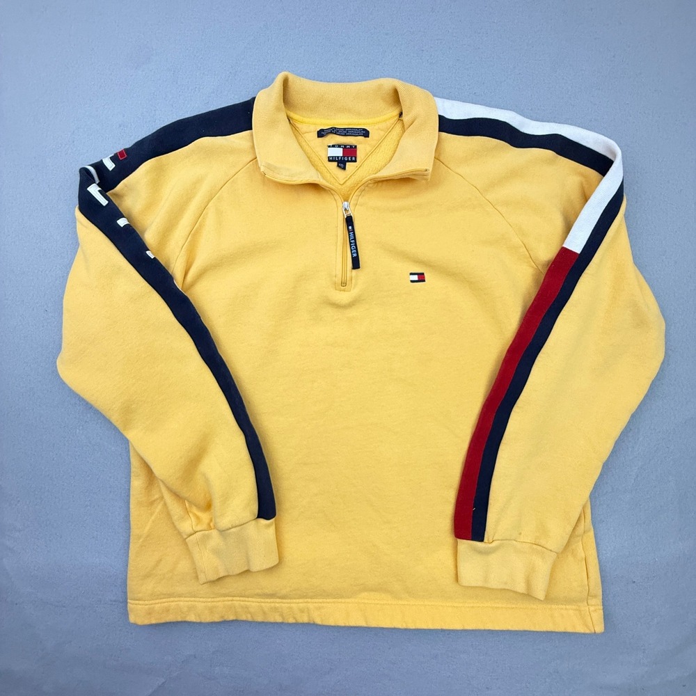 Tommy Hilfiger Quarter Zip Sweater Mens XXL Yellow Fleece Spellout Vintage Y2K